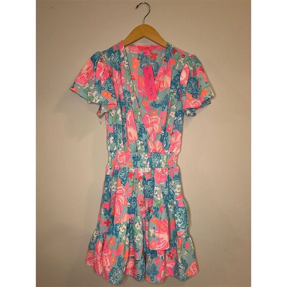 NWT Lilly Pulitzer Maryanne Flutter Sleeve Dress Size 0 Surf Blue Luscious Lions - Picture 3 of 11